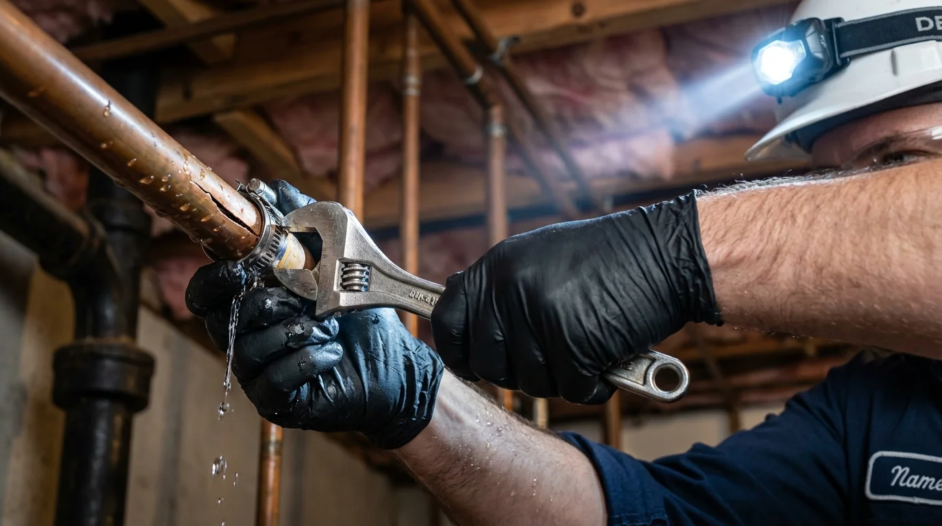 Emergency pipe clamp repair being performed by a Johns Plumbing LLC plumber in Canyon City