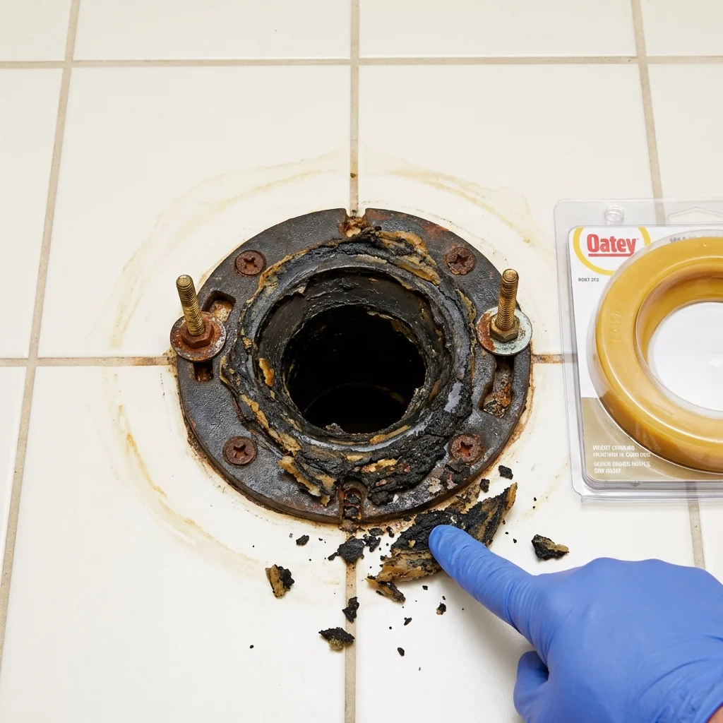 Failed wax ring showing water seepage at the base of a toilet in a Canyon City, OR home