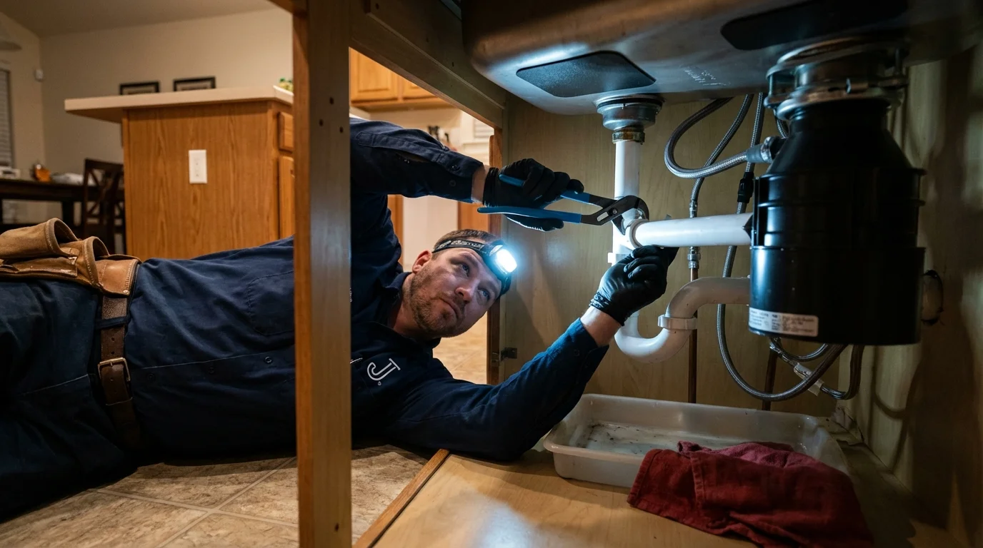 P-trap and supply line connections under a kitchen sink showing a common leak point in Canyon City, OR